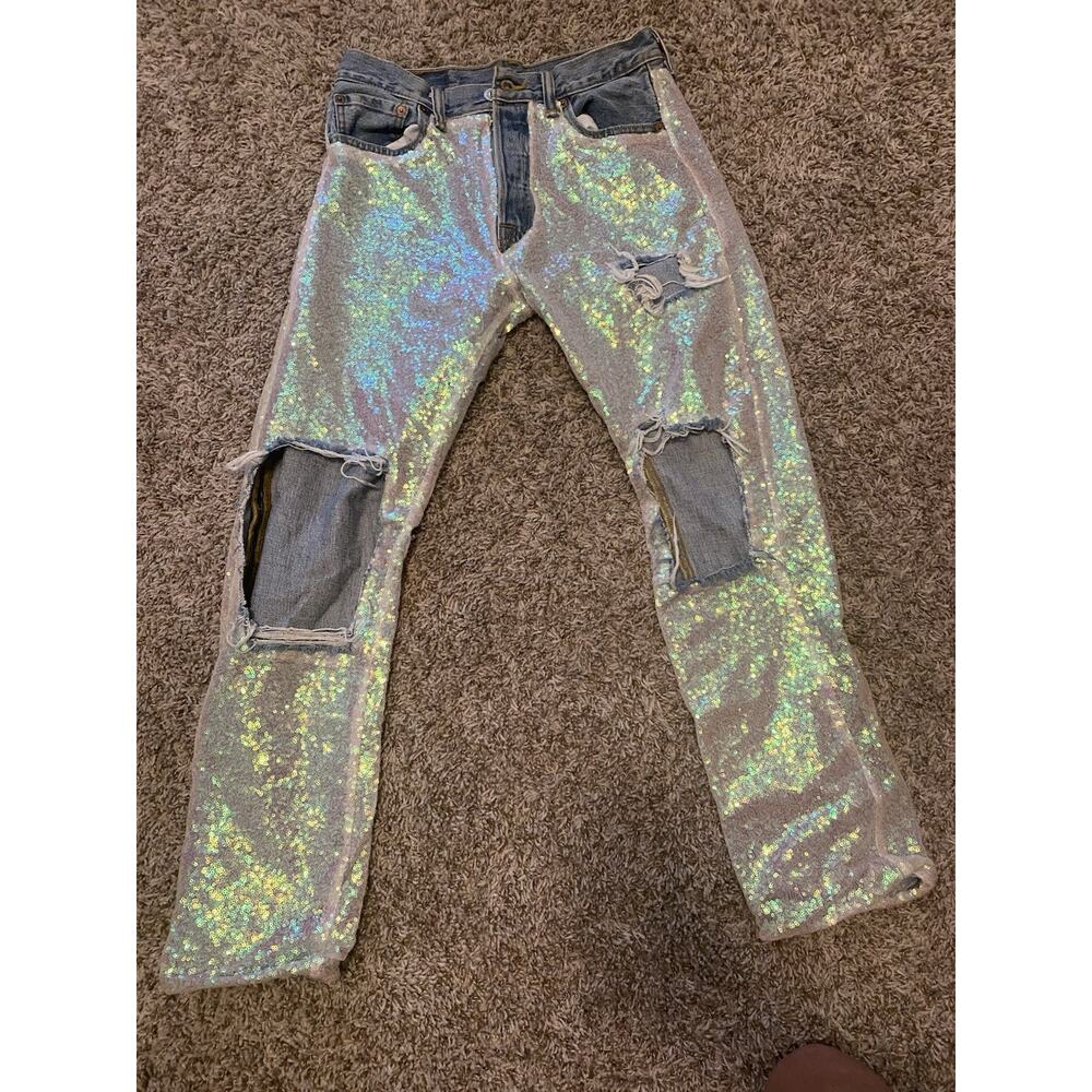 LEVI’S Women’s 501 Jeans Ripped Iridescent Pink Sequins Size W30/L30 Vintage